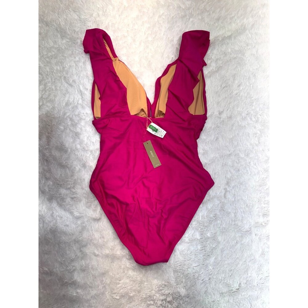 J. Crew Ruched Ruffle One-Piece Swimsuit Fuchsia Pink Vneck NEW Re-imagined 0 - Picture 3 of 5